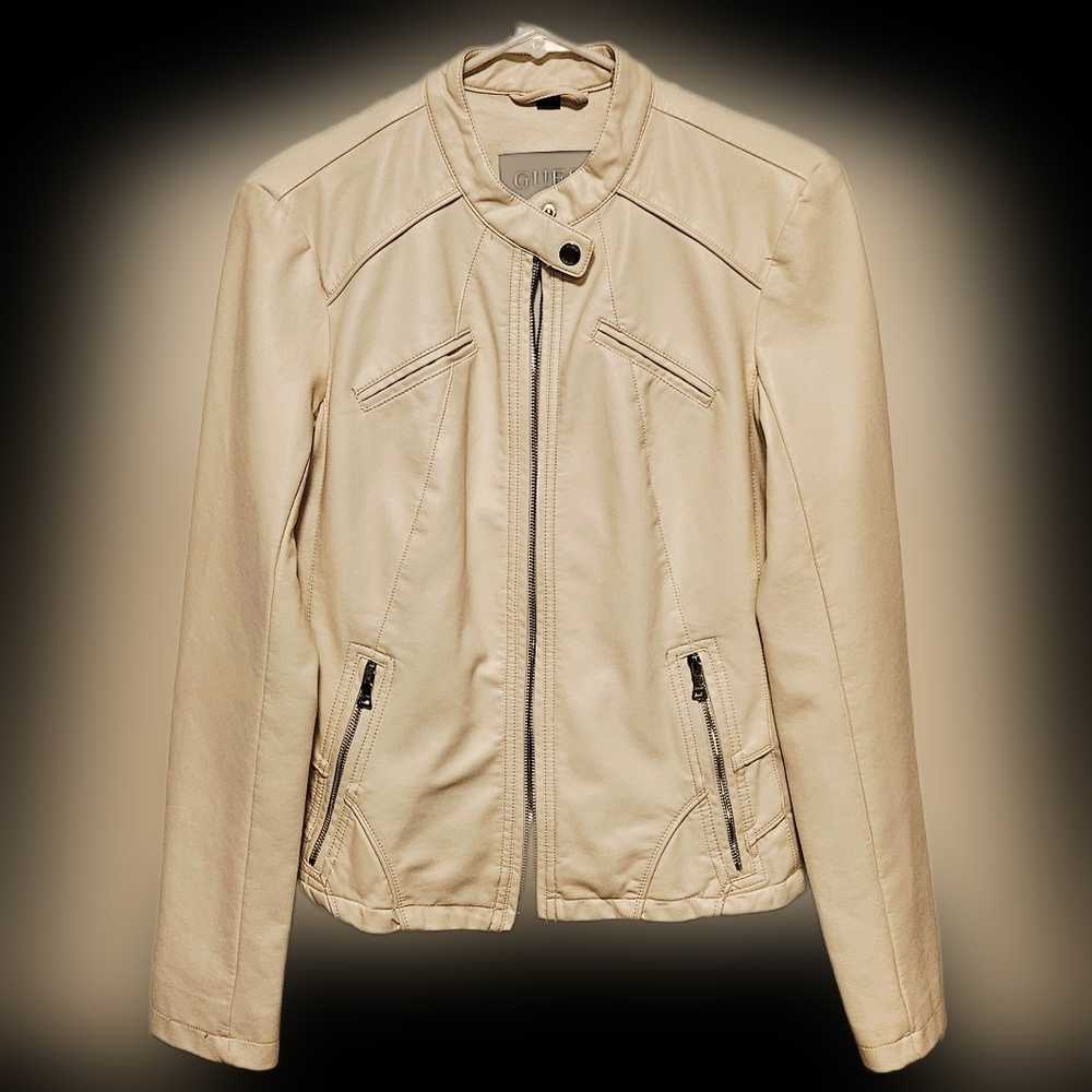 GUESS Faux Leather White Moto Jacket - Picture 5 of 8